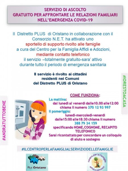 Attivazione sportello di supporto rivolto alle famiglie mediante contatto telefonico